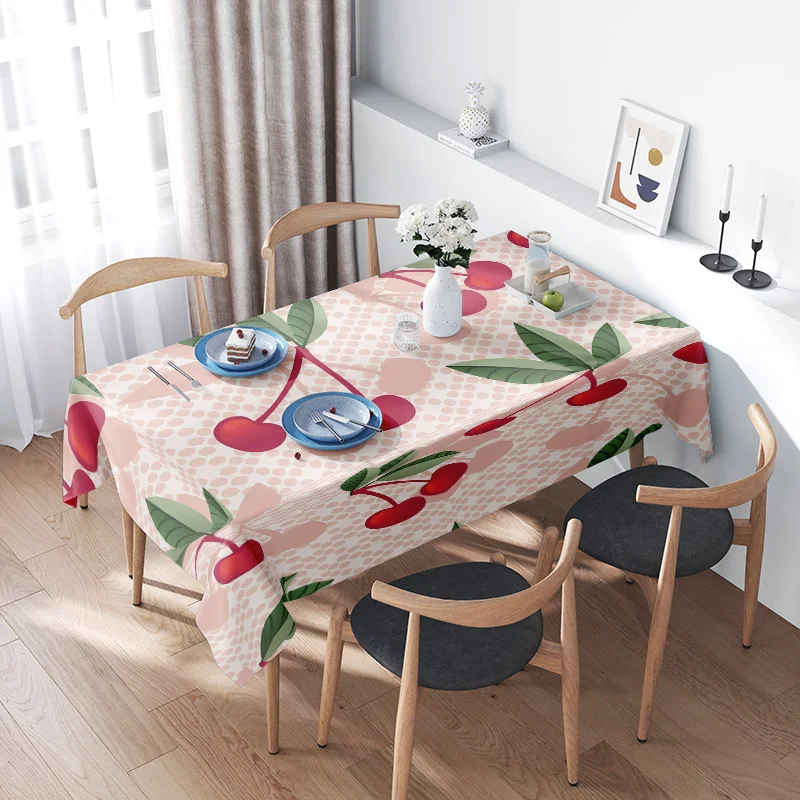 

Modern Dining Room Tablecloth with Cherry PrintWhite Base Color，Pink、Green、Red、Blue Floral Pattern：100% Cotton，Washable Durable，