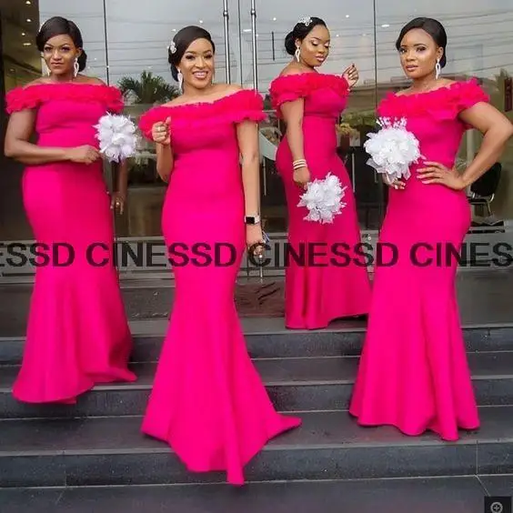 Fuchsia Bridesmaid Dresses Ruffles Off Shoulder African Women Mermaid Long Wedding Guest Party Dress Vestidos De Gala customized