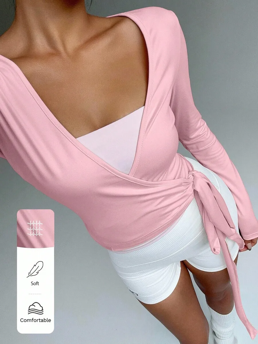 

Pink Wrap V-Neck Long Sleeve Crop Top with Side Knot, Soft & High Elasticity for Yoga Fitness