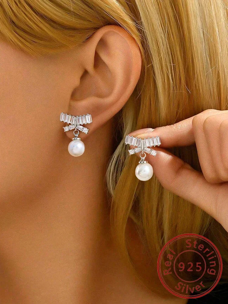 

925 Sterling Silver Fashion Simplicity Classic Bow Shaped Pearl Earrings For Women Anniversary Party High Quality Fine Jewelry