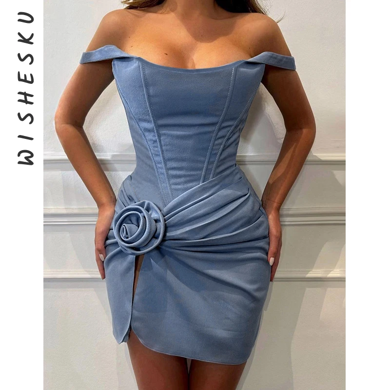 Sexy Floral Trim Bodycon Denim Mini Dress Women Sleeveless Ruched Knotted Sundress 2024 Spring Night Prom Fairy Core Clothes