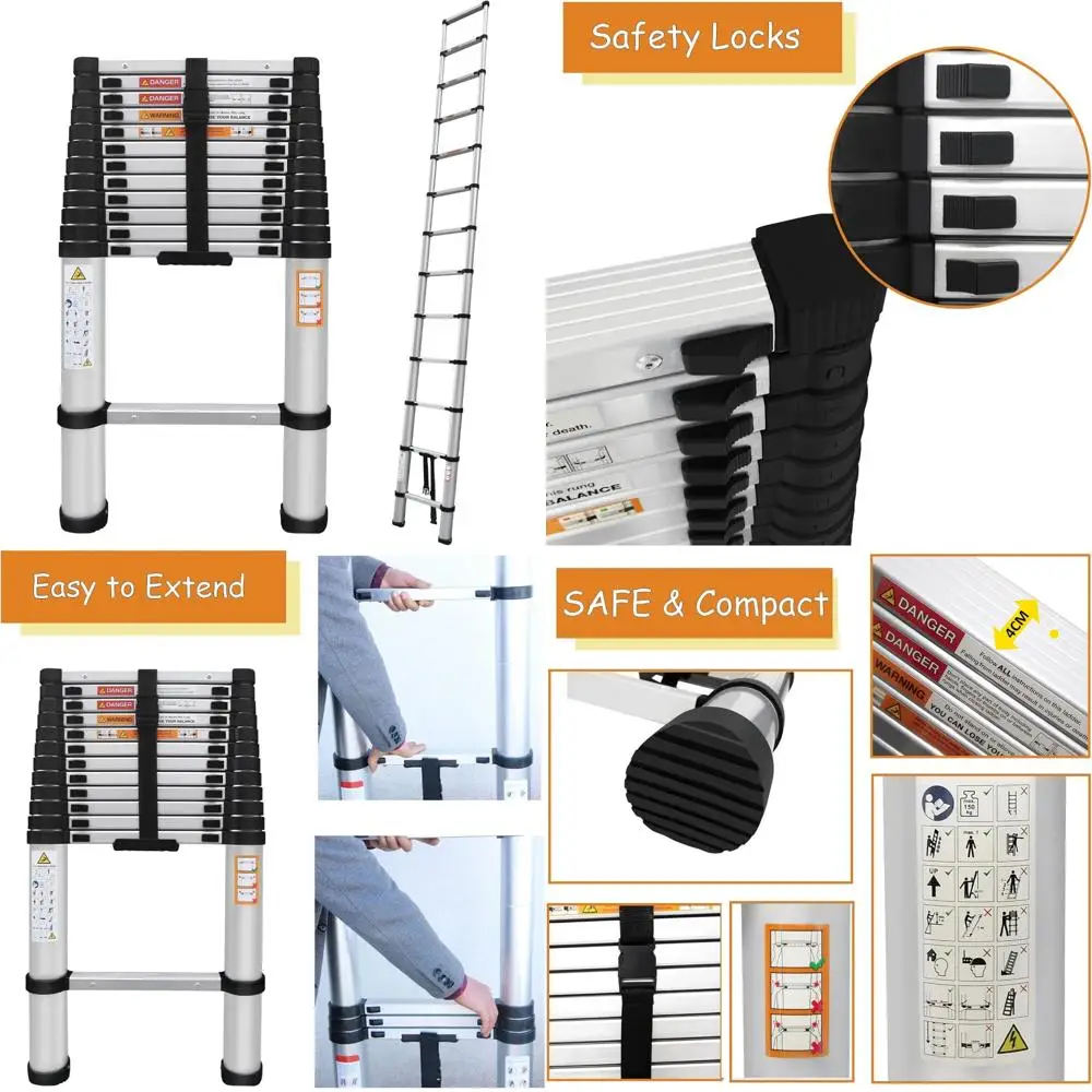 سلم تمديد متعدد الأغراض من الألومنيوم بطول 16.4 قدم/5 متر، معتمد EN131، سعة 330 رطل، قابل للطي محمول، 12 خطوة، Dur #1