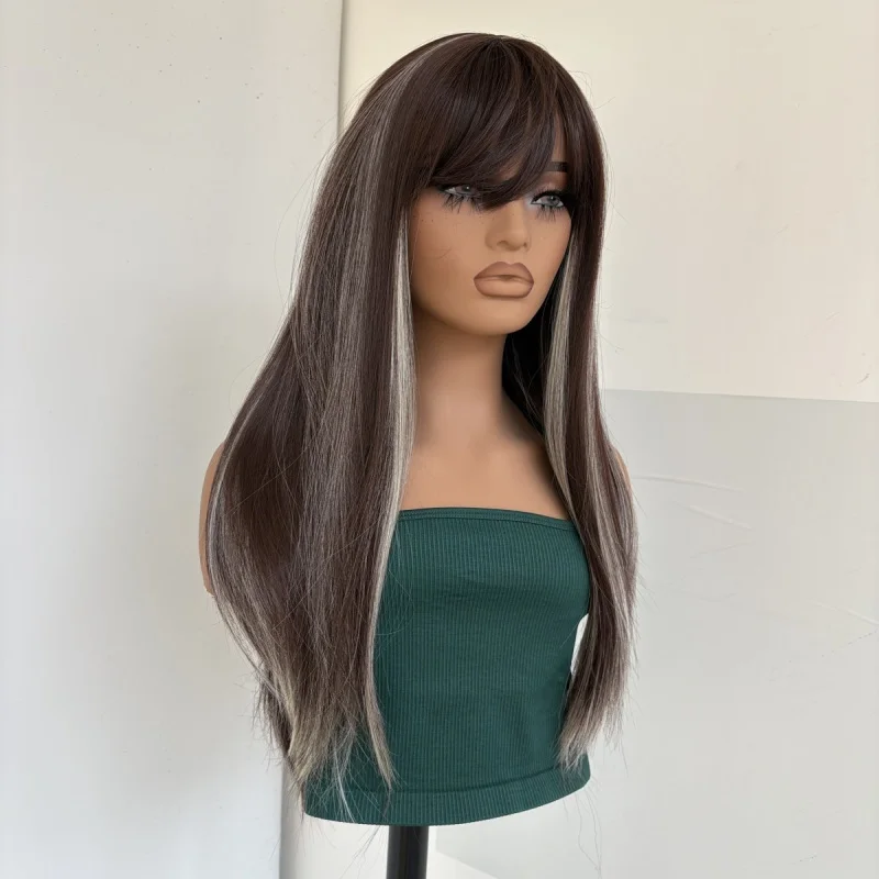 

Synthetic Hair Costume Wigs With Fringe Mixed Brown blonde Long Straight