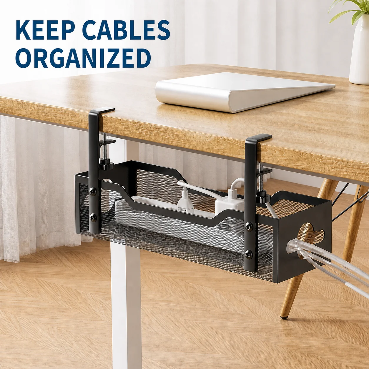 Under Desk Cable Management Tray, No-Drill Clamp-On Powder-Coated Iron Cord Organizer for Power Strips and Wires, 34/40/63.5cm