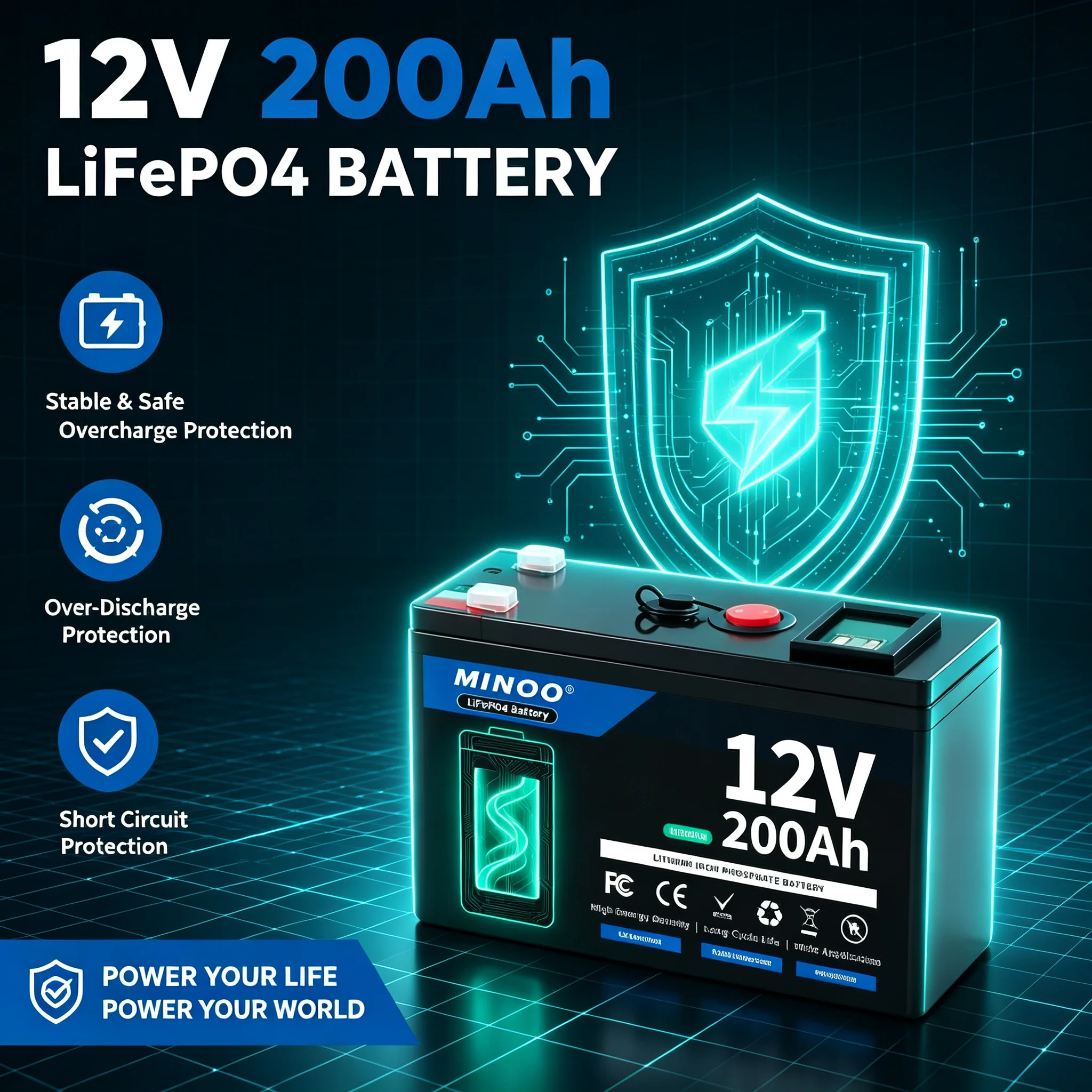 12V 200Ah LiFePO4 Battery Lithium Iron Phosphate Deep Cycle Rechargeable Battery With BMS For Solar RV Marine Energy Storage