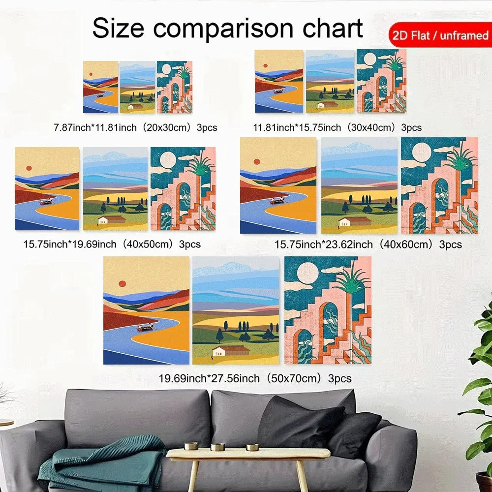 3pcs Unframed Canvas Wall Art Abstract Mountain River Landscape Moroccan Arch Moon Posters Prints for Living Room Bedroom Home