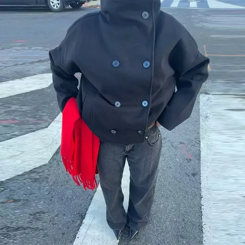 

Ele Faionable женское пальто ort, осень-зима, новое утягивающее универсальное трансграничное пальто с воротником-стойкой и двойными пуговицами.