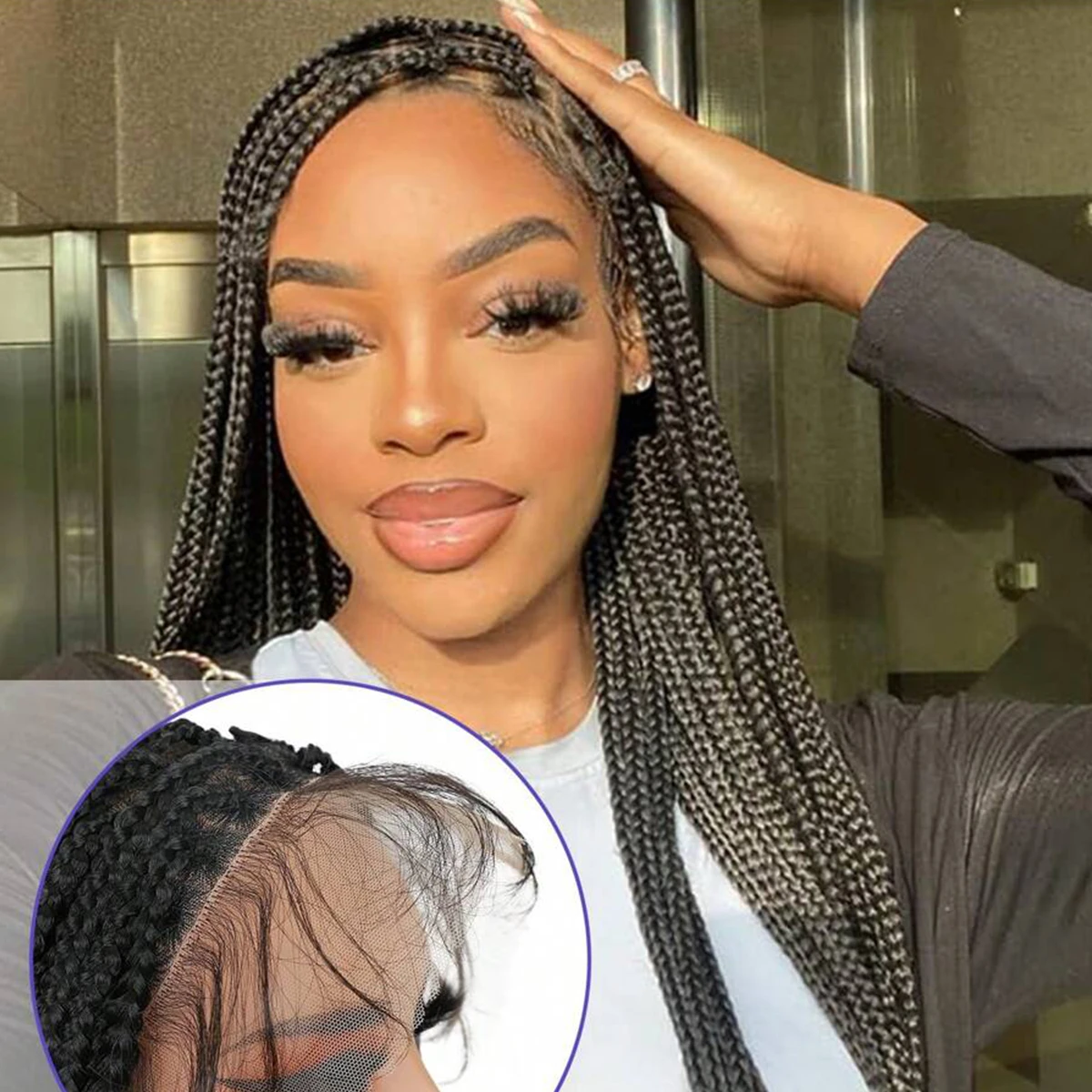 32 Inch Knotless Braided Wig Box - Full Lace Synthetic Black Hair for Women Full Lace Cap Wig with Three-Strand Twisted Tail