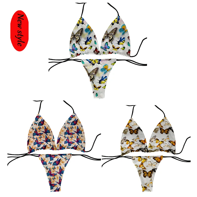 

Newly designed color butterfly pattern bikini set ladies deep V butterfly print bikini swimsuit beach surfing vacation