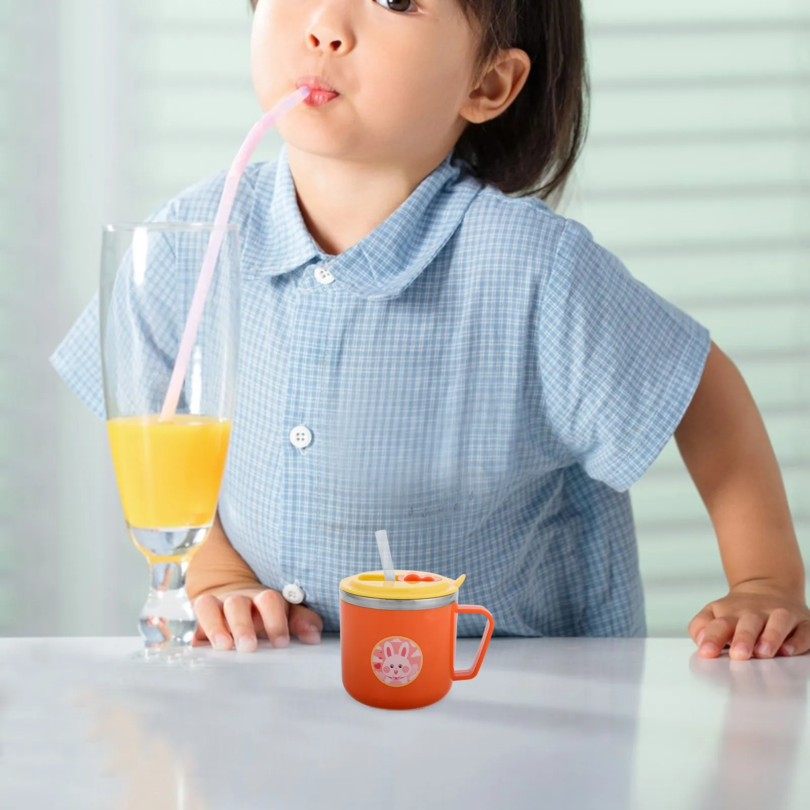 

Kids Straw Cup Simple Cartoon Bunny Design Double Layer Insulated Handle Toddler Water Cup Kindergarten Baby Stainless Steel