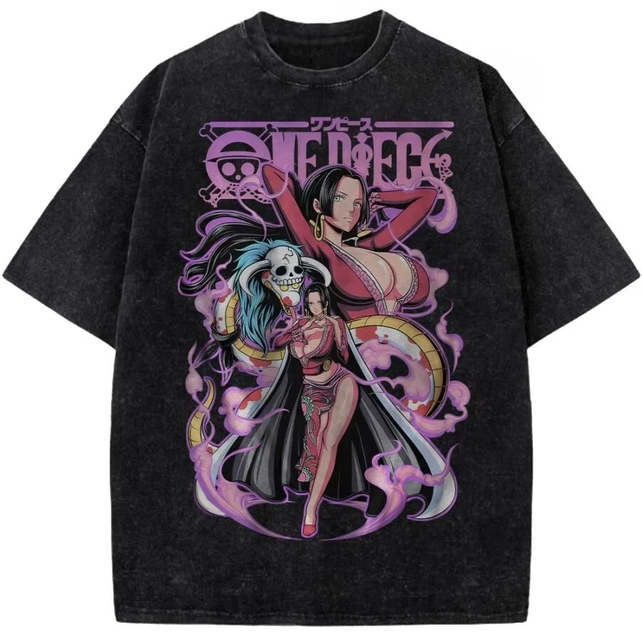 

Oversize Vintage Washed One Piece T Shirt Boa Hancock and Jewelry Bonney Purple Pattern Anime Print Streetwear Casual Daily Wear