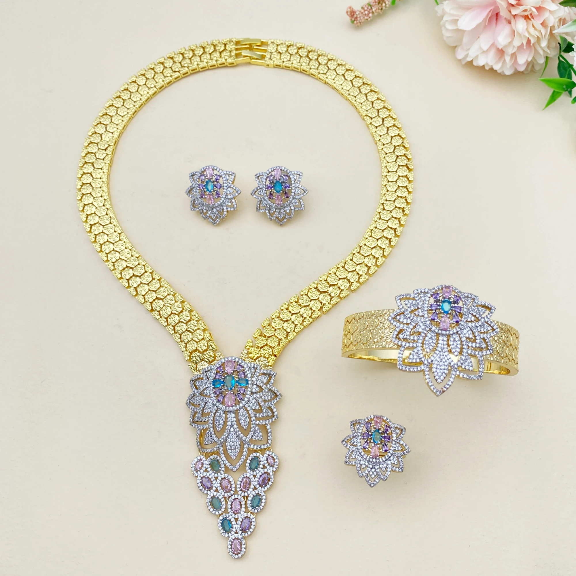 

JRH Luxury 4Pcs Set Gold Plated Exquisite Zirconia Bracelet Ring Necklace Earrings Set Women's High-End Jewelry for Party