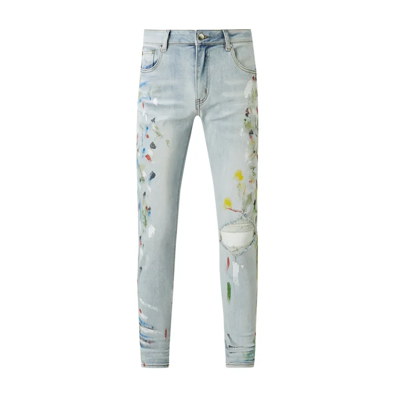 

American style high street vintage washed water spliced letters Light Blue Graffiti amir jeans ripped patch jeans trendy pants