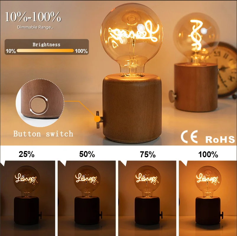 Wooden Table Lamp Base with Rotate Switch Knob Dimmable Led Bulb Low Voltage 5V Desk Lamp USB Charging Lamp Holder For Cafe Camp