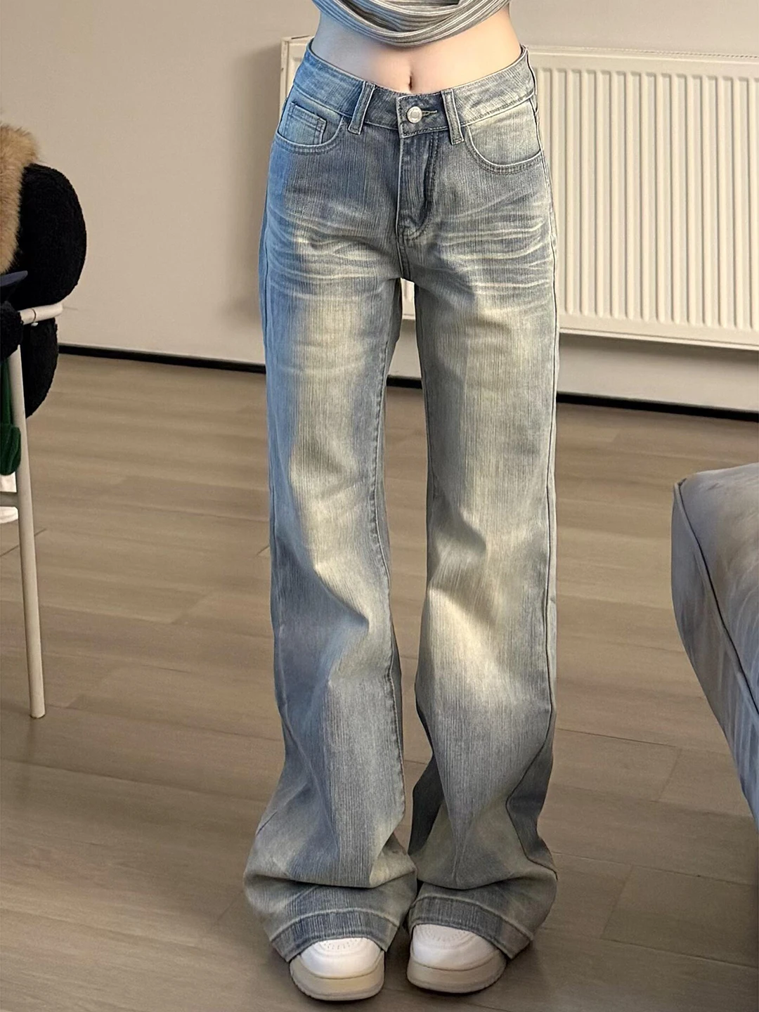 

Blue Waed American Vintage Knife Men's Jeans CleanFit Straight Leg Micro Flare Pants mid Waist Zipper Closure Casual