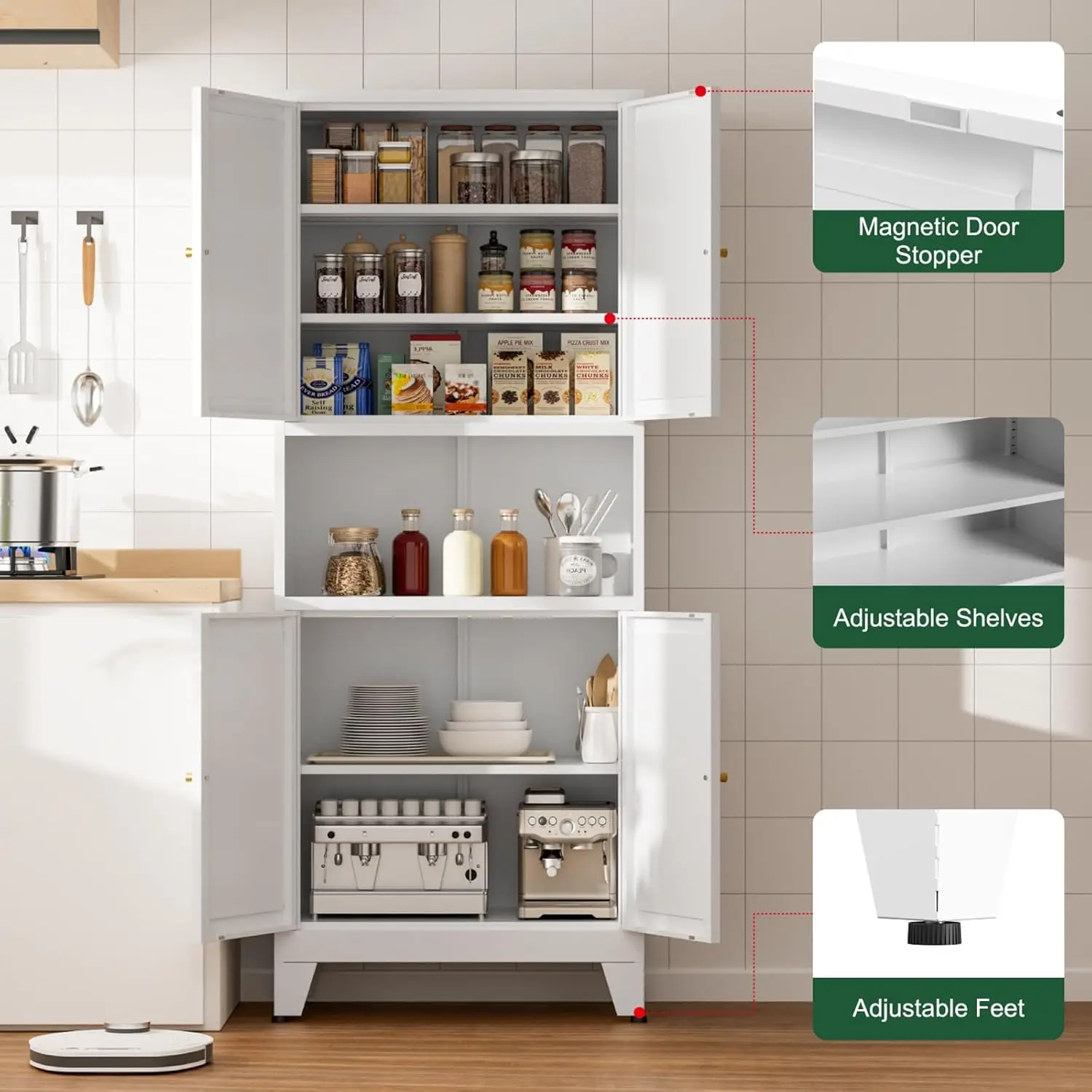 خزانة مطبخ معدنية، خزانة تخزين طويلة 69 مع 4 أبواب و3 أرفف قابلة للتعديل، خزائن قائمة بذاتها لتناول الطعام R