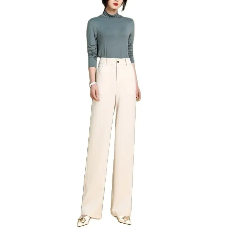 

Tall Women Straight Wide Leg Trousers Loose Fashion Soft High Waist Beautiful Buttons Beige Black Office Working Pants XS S 4XL