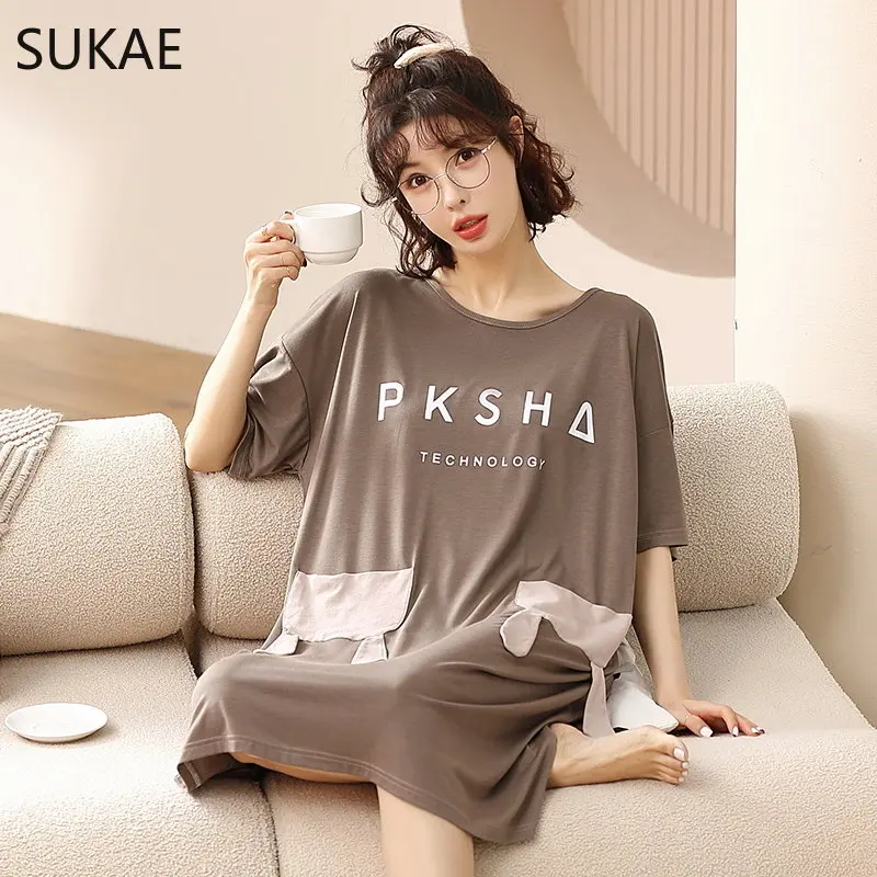 SUKAE M-5XL Cool Modal Summer Night Dress Women Plus Size Short Sleeves Sleepshirt Woman Sleepwear Unique Design Pajama Dressing