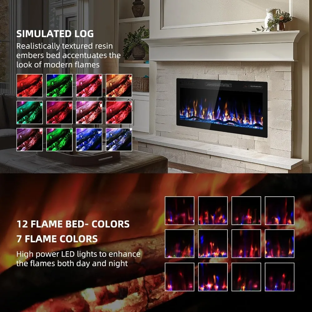 Ultra-Slim Bezel Electric Fireplace, Wide Screen HD Flame, Modern Wall-Mounted Fuel Bed Logs, Recessed Design for Contemporary H
