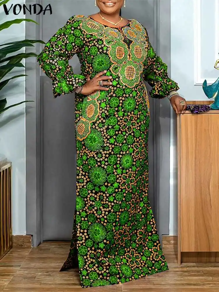 

Plus Size 5XL VONDA Women Dress Bohemian Printed V-Neck Long Sleeve Maxi Sundress 2024 Fashion Vintage Split Casual Party Robe