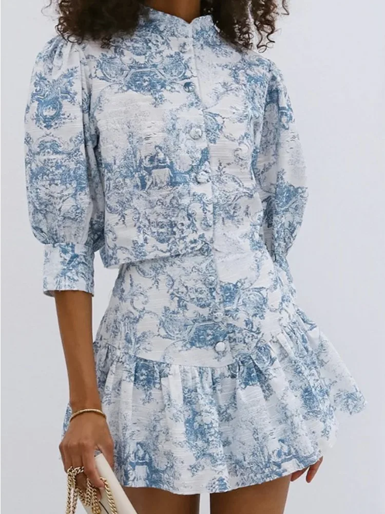 LIinar Chinese-Style Small Stand-Up Collar Printed Fitted Short-Sleeve Skirt Set 2026 Fall Fashion New Two-Piece Set for Women