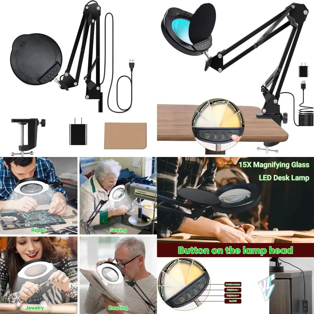 

15-кратная лупа со светодиодной подсветкой, регулируемой яркостью, креплением-зажимом и пылезащитным чехлом для использования на столе, идеально подходит для хобби, чтения и работы.