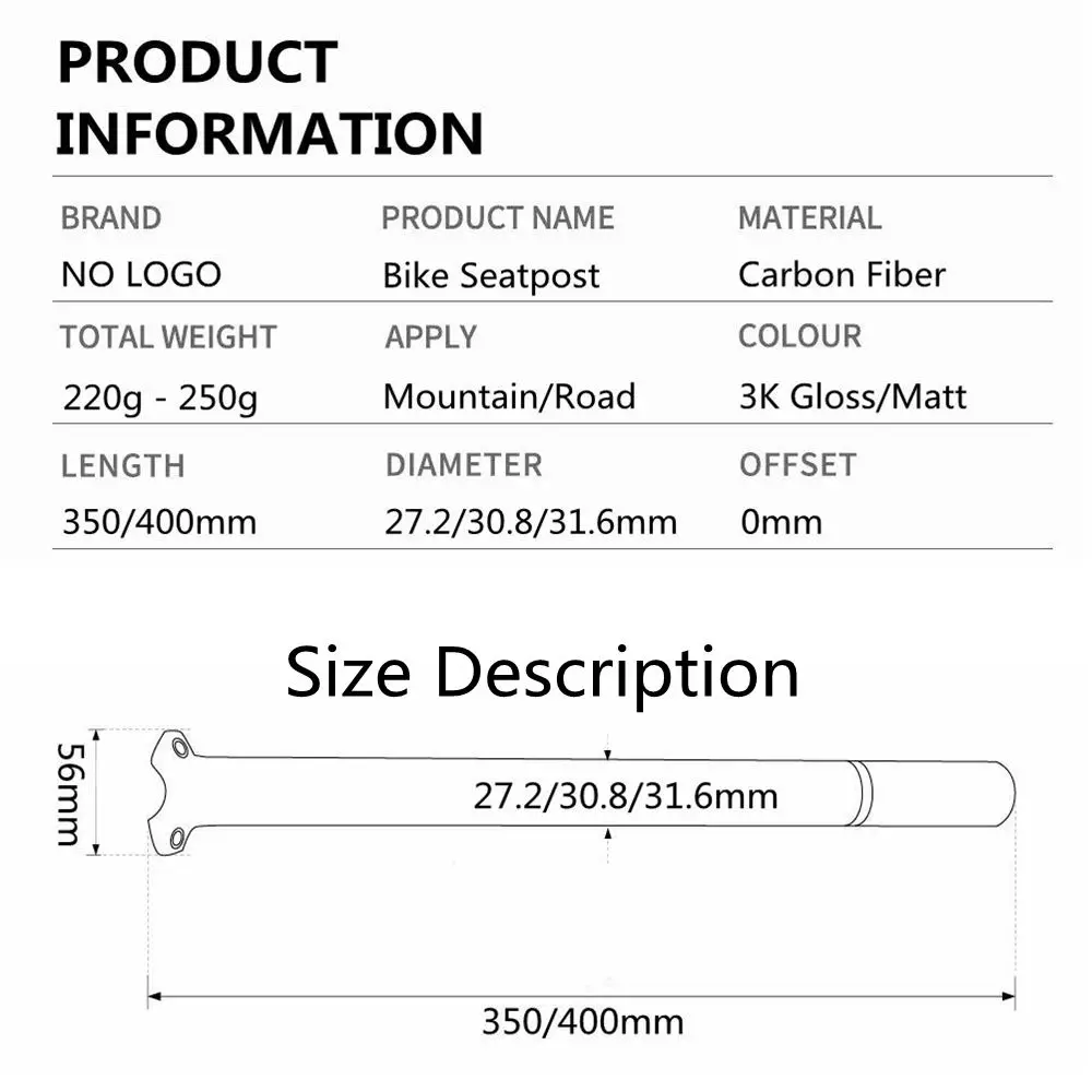 Bicycle Seatpost Carbon Fiber Bicycle Road MTB Bike Seat Tube Diameter 27.2mm 30.8mm 31.6mm Length 350mm 400mm 450mm