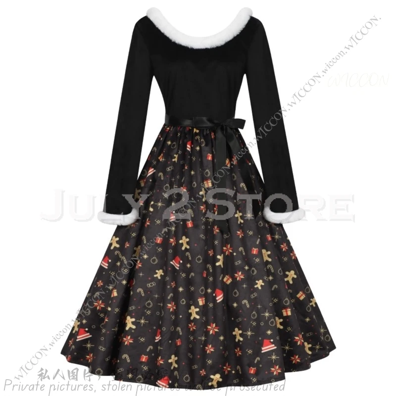 2024 New Christmas Theme Printed Red Dress New Year Performance Stage Activity Dress Masquerade Festivals Woman Christmas Dress