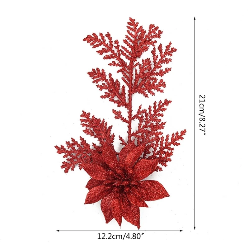 ประดิษฐ์คริสต์มาส Glitter Poinsettia ดอกไม้สาขาสนใบหยิบเครื่องประดับสำหรับพวงหรีดคริสต์มาสต้นไม้