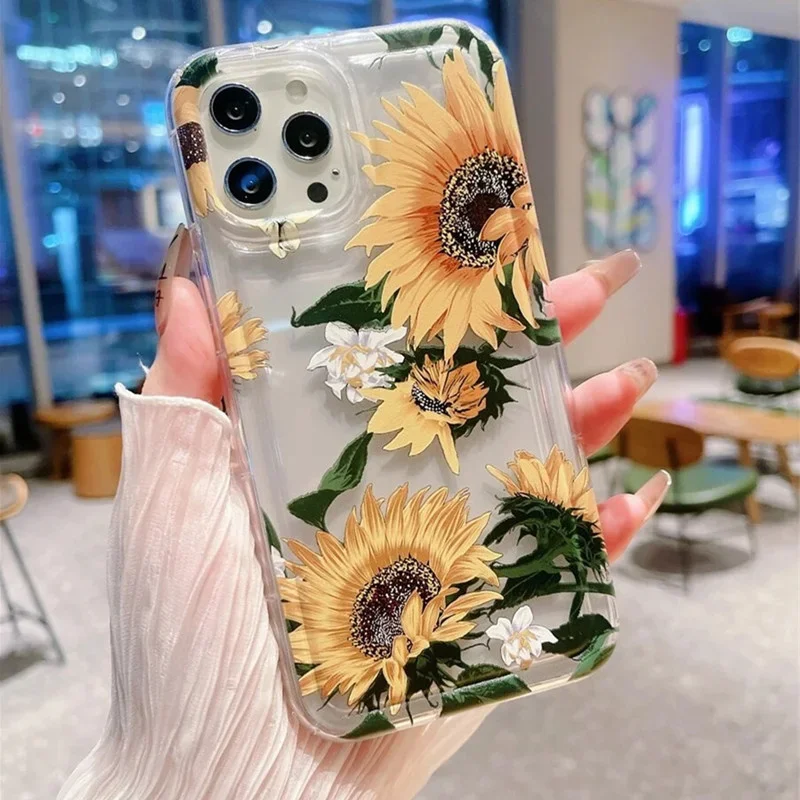 

Floral Flower Sunflower Painted Clear Phone Case For iPhone 14 11 15 Pro Max 12 13 XR X XS SE 2022 7 8 Plus Cases Airbag Cover