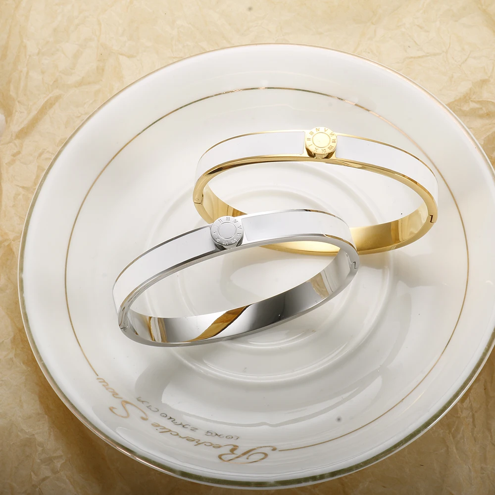 Enamel Roman Numerals Bangle Bracelet Stainless Steel Gold Color Black Colorful for Women Men Couple Fashion Simple Jewelry Gift