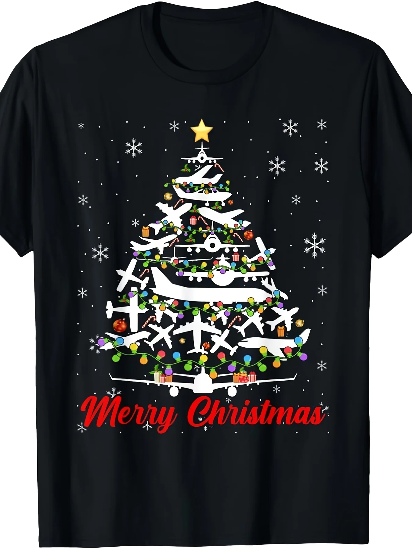 

Men's Vintage Pilot Xmas Tee - Aviation Themed Airplane Tree, 100% Cotton, Black Crewneck, Pilot/Traveler Holiday Gift