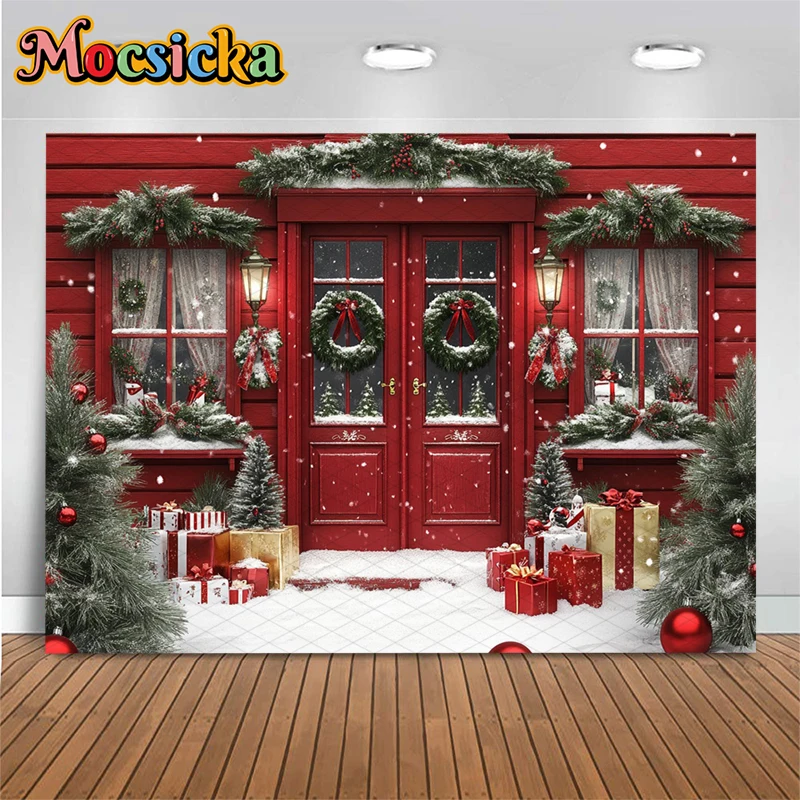 Mocsicka Red House Christmas Background For Photography Gift Tree Party Backdrop  Bow Door Wreath Snow Decor Banner Photocall