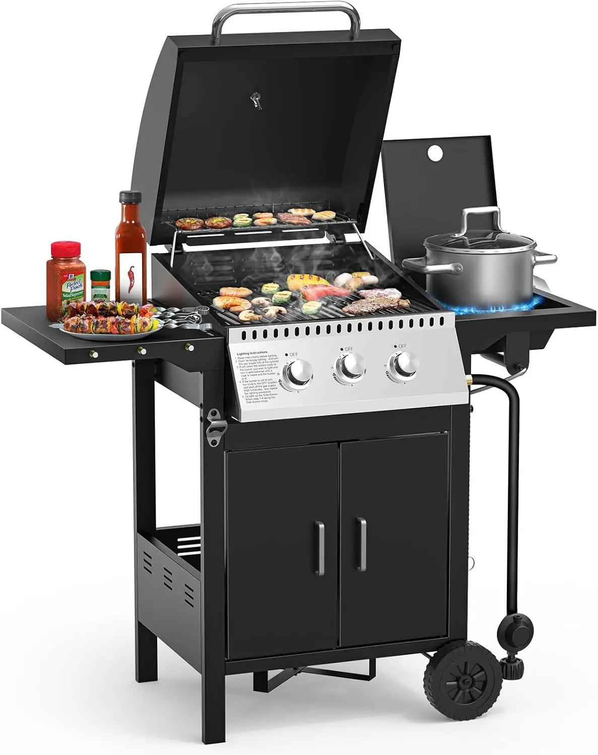 Joy Pebble 3 Burner Propane Gas Grill, 30,000 BTU Stainless Steel Gas Grill with Precise Temperature Control & Side Burner