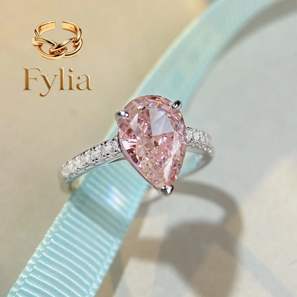 

Fylia Jewelry Luxury Solid Platinum PT950 Women's Pink Diamond Ring Water Drops Ice Flower Cut Moissanite Diamond Ring