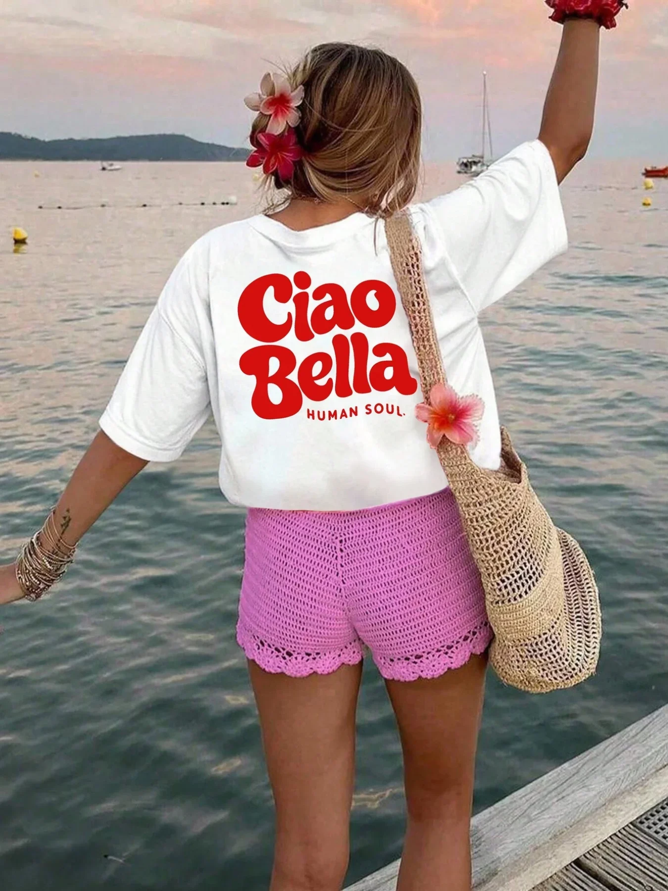 Double Sided Ciao Bella Women's T-shirt Trendy Back Graphic Streetwear Tee Summer Fashion O-Neck Pullover Top Women's Clothing