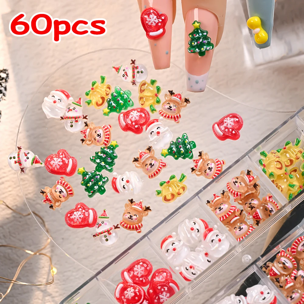 36/60 قطعة الراتنج البسيطة عيد الميلاد الكرتون مسمار الفن السحر ثلاثية الأبعاد لطيف الأيائل/ثلج/سانتا كلوز قفاز هدية احتفالية مسمار اكسسوارات ديكور