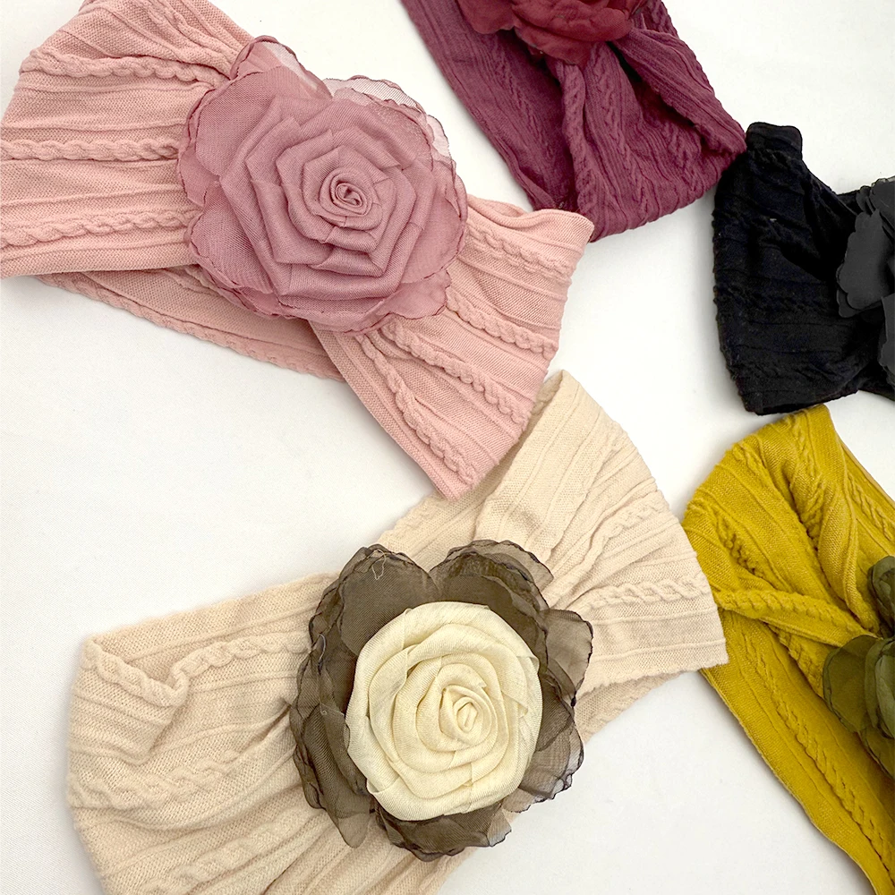 

3pcs Chiffon Flower Headband Cable Print Wide Nylon Turban for Baby Girl Summer Spring Travel Hair Accessories Children Hairband