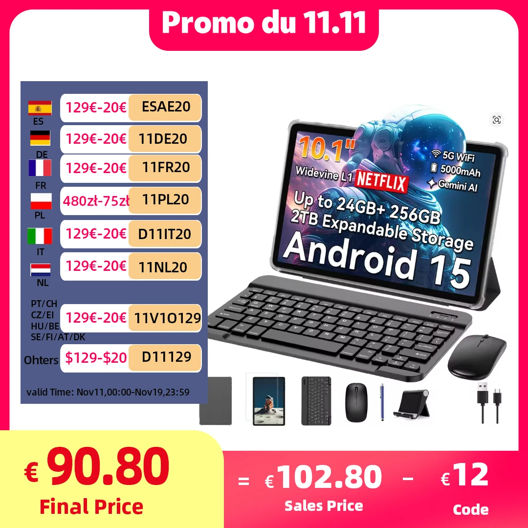 تابلت TABWEE T20 مع لوحة مفاتيح - كمبيوتر لوحي Android 15 10 بوصة، ذاكرة وصول عشوائي 8 جيجابايت 256 جيجابايت، ثماني النواة، 5000 مللي أمبير في الساعة، 8 ميجابكسل + 5 ميجابكسل، بدون شاحن الاتحاد الأوروبي