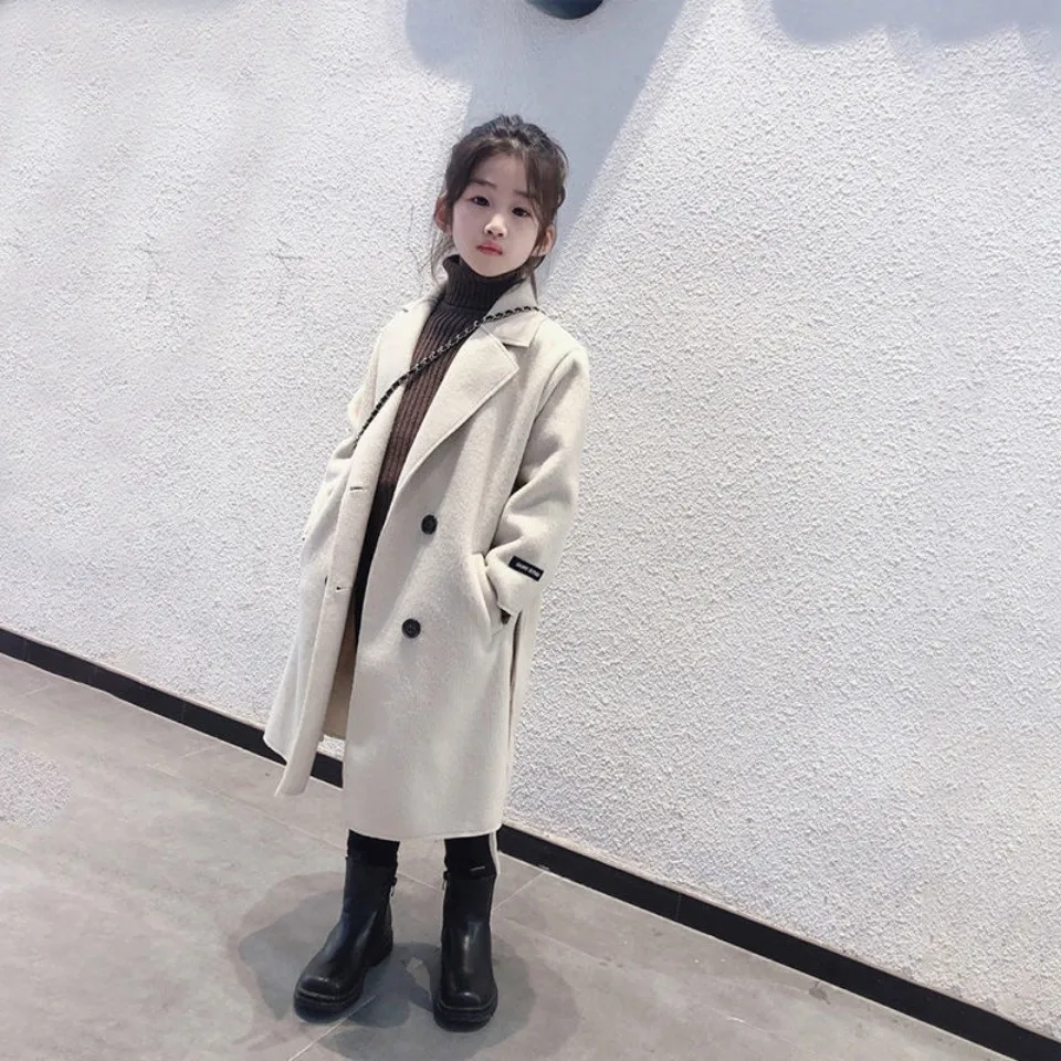 

Girls Woolen Coat Overcoat Jacket Windbreak Sweet Warm Plus Thicken Autumn Winter Cotton School Children's Clothing double-sided