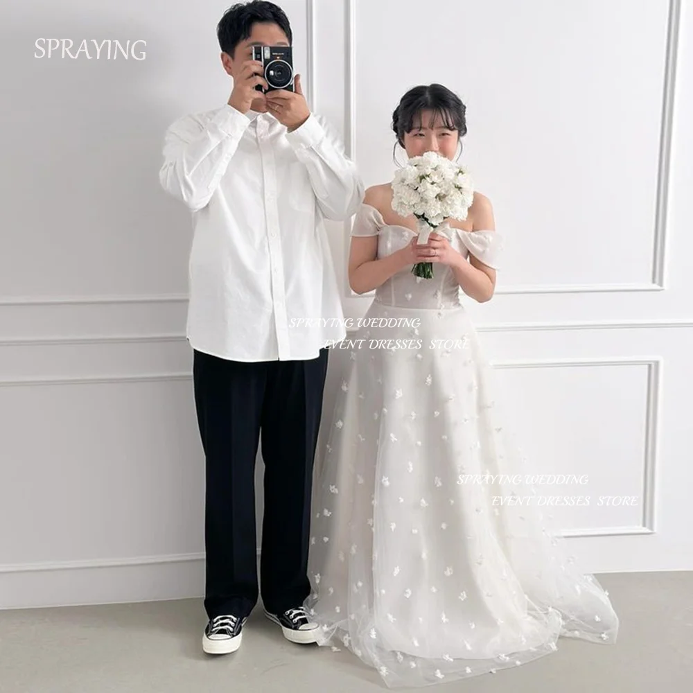 

SPRAYING 웨딩 촬영 드레스 A-line Off the Shoulder Sweep Train Korea Wedding Shooting Dresses Lace-up Bridal Gown Custom Made