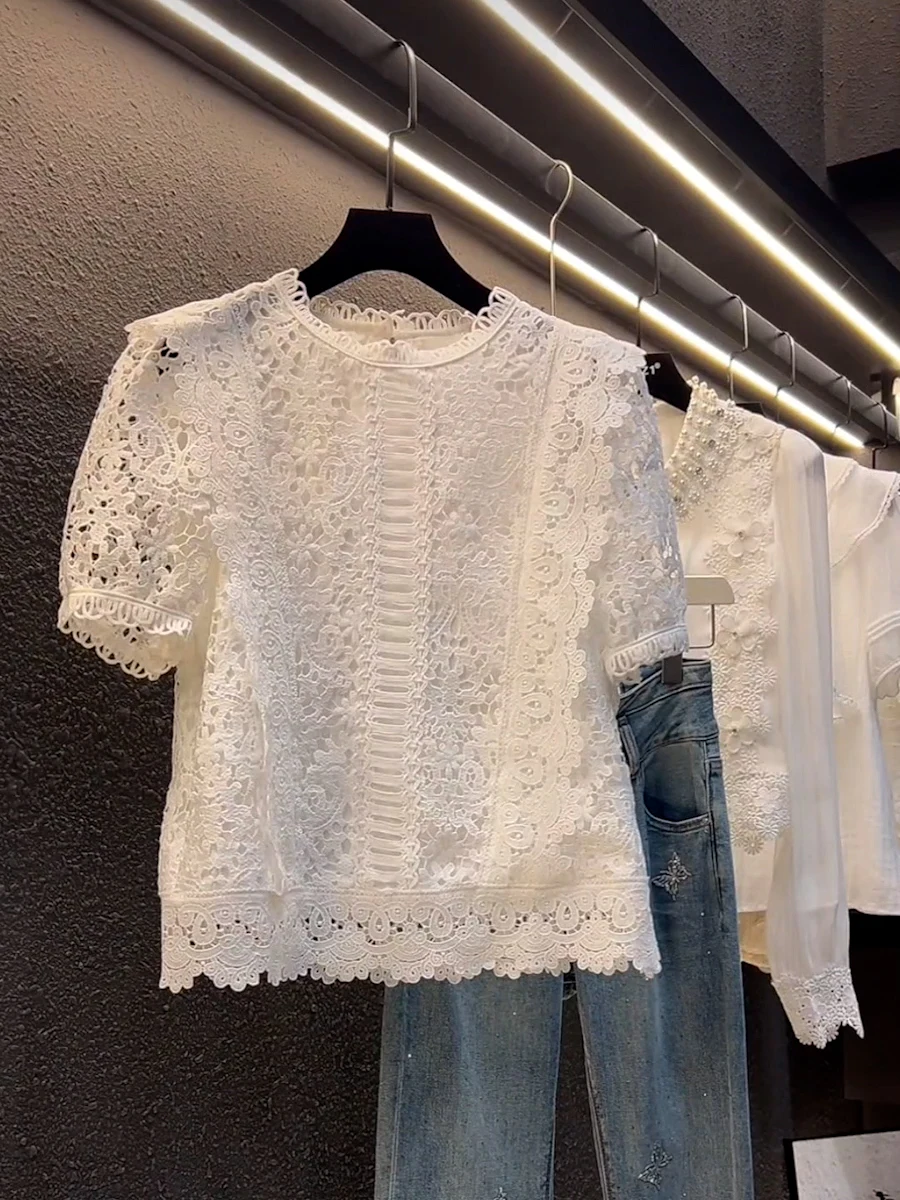 Summer New Women's Short Sleeve T-Shirt round Neck Loose Lace Splicing Elegant White Shoulder Top Korean Style Commute Wind