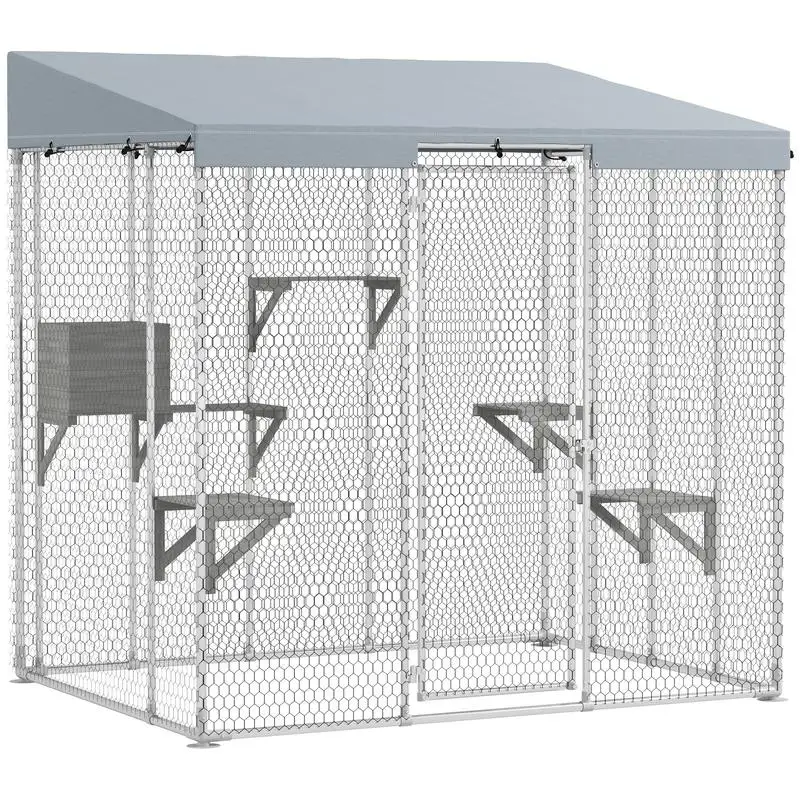 

79" Galvanized Steel Large Catio with Waterproof Canopy, Sleeping Box, Jumping Platforms, for 1-3 Kittens, Silver