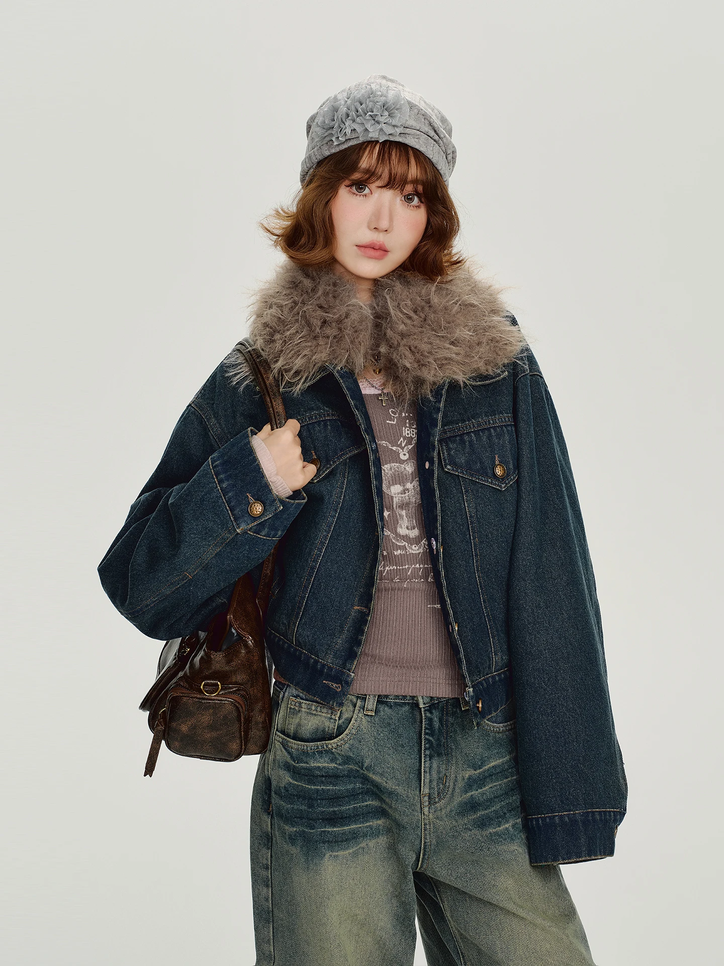 

Girly American Retro Detachable Fur Collar Denim Jaet Women's Winter New ort Warm Loose Cotton Coat for Ladies