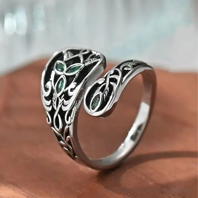 31BF Retro Spoon Designs Adjustable Ring Green Stone Jewelry Nature Inspired Adjustable Vintage Gift Jewelry For Her