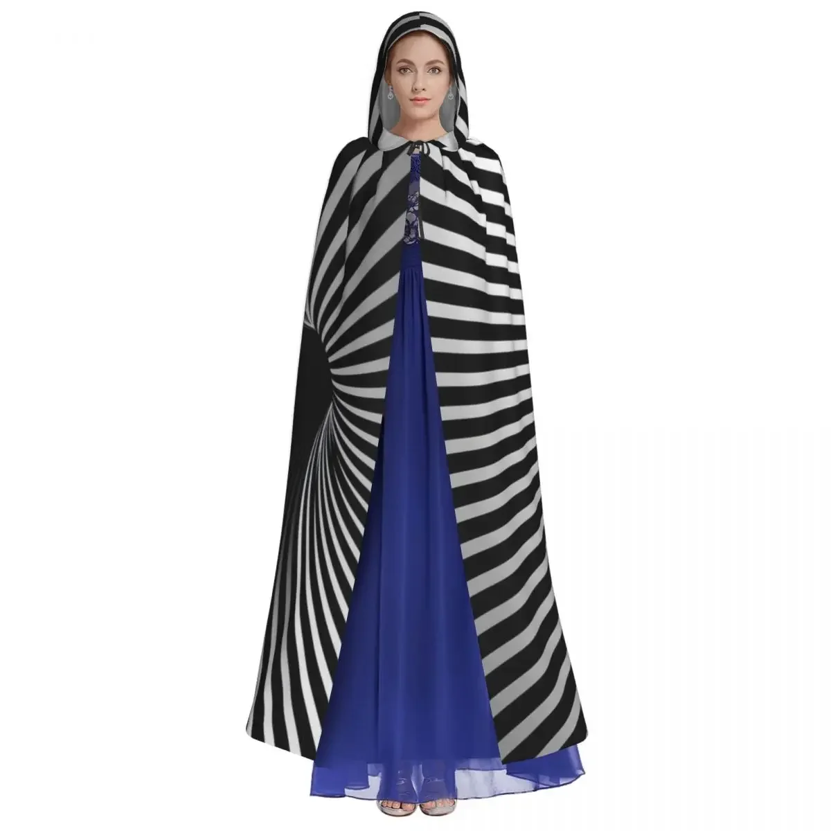 Geometric,And Illusion 3D Monotone Mystery Vortex Hooded Cloak Halloween Party Cosplay Woman Men Adult Long Witchcraft Robe Hood