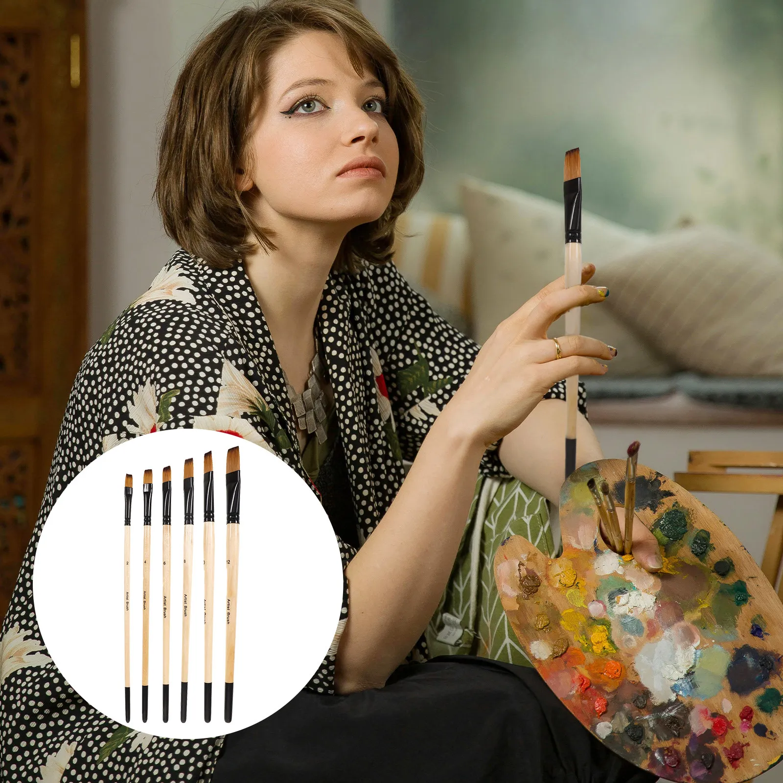 

6Pcs Artist Paint Brush Set Wooden Handle Flexible Nylon Bristles for Watercolor Acrylic Oil Painting Daily Practice Ergonomic
