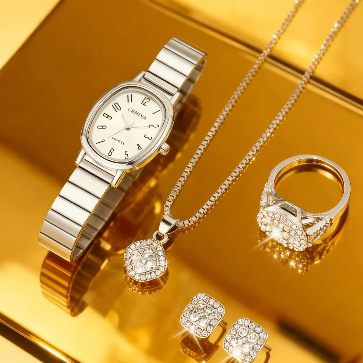 

6pcs/Set-Fashion Trendy Steel Strap Bamboo Knot Watch Shining Square Dial Ring Necklace Set - Retro Style