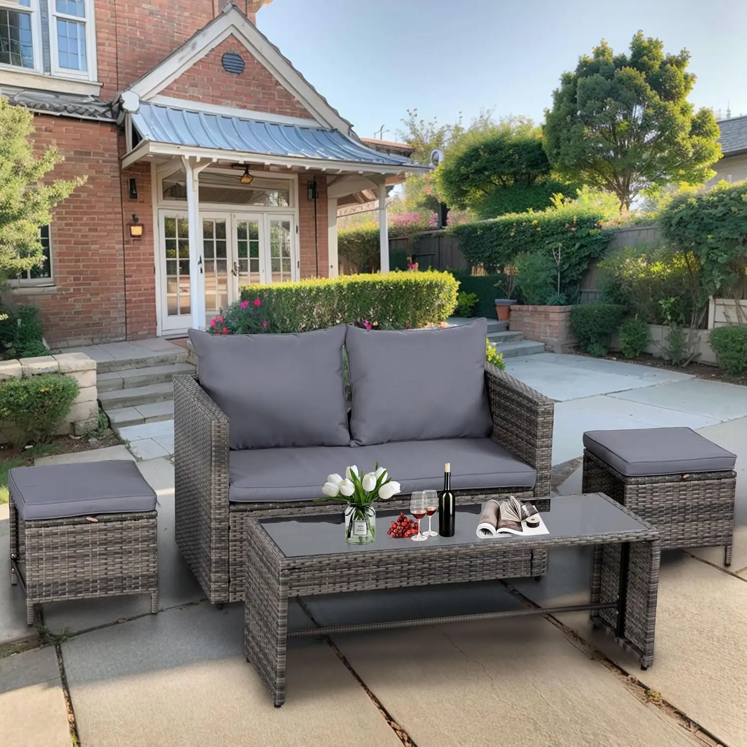 

Patio Furniture 4 Pieces Wicker Patio Furniture Sets,Outdoor Wicker Conversation Set Rattan Sectional Sofa with Cushions & Table