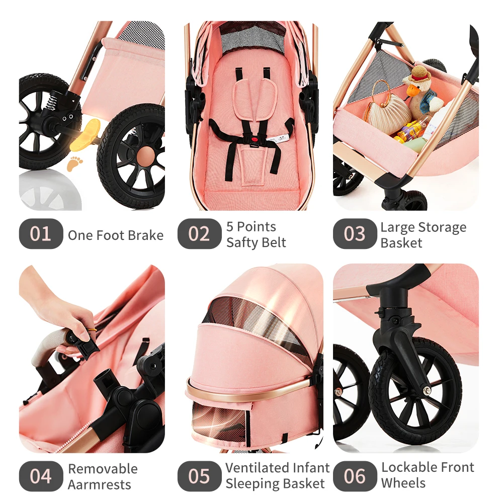 3-in-1 Baby-Kinderwagen mit Hochlandschaftsposition, verstellbarem Griff, Reisekinderwagen mit Wickeltaschen und Netz, Baby-Buggy – Detail 8